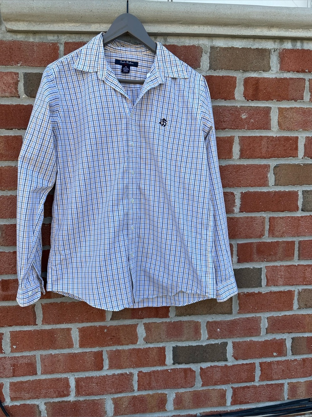 Brooks Brothers Boy’s Medium 100% Cotton Blue White & orange Checked Dress Shirt